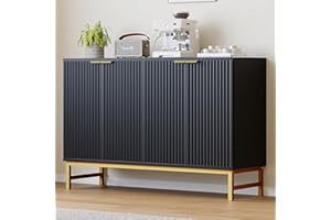 Luoxiao Black Buffet Sideboard Cabinet with 4 Fluted Doors, 47" Modern Credenza Accent Cabinet with Adjustable Shelves, Console Table & Solid Legs, Coffee Bar Cabinet for Living Room, Hallway