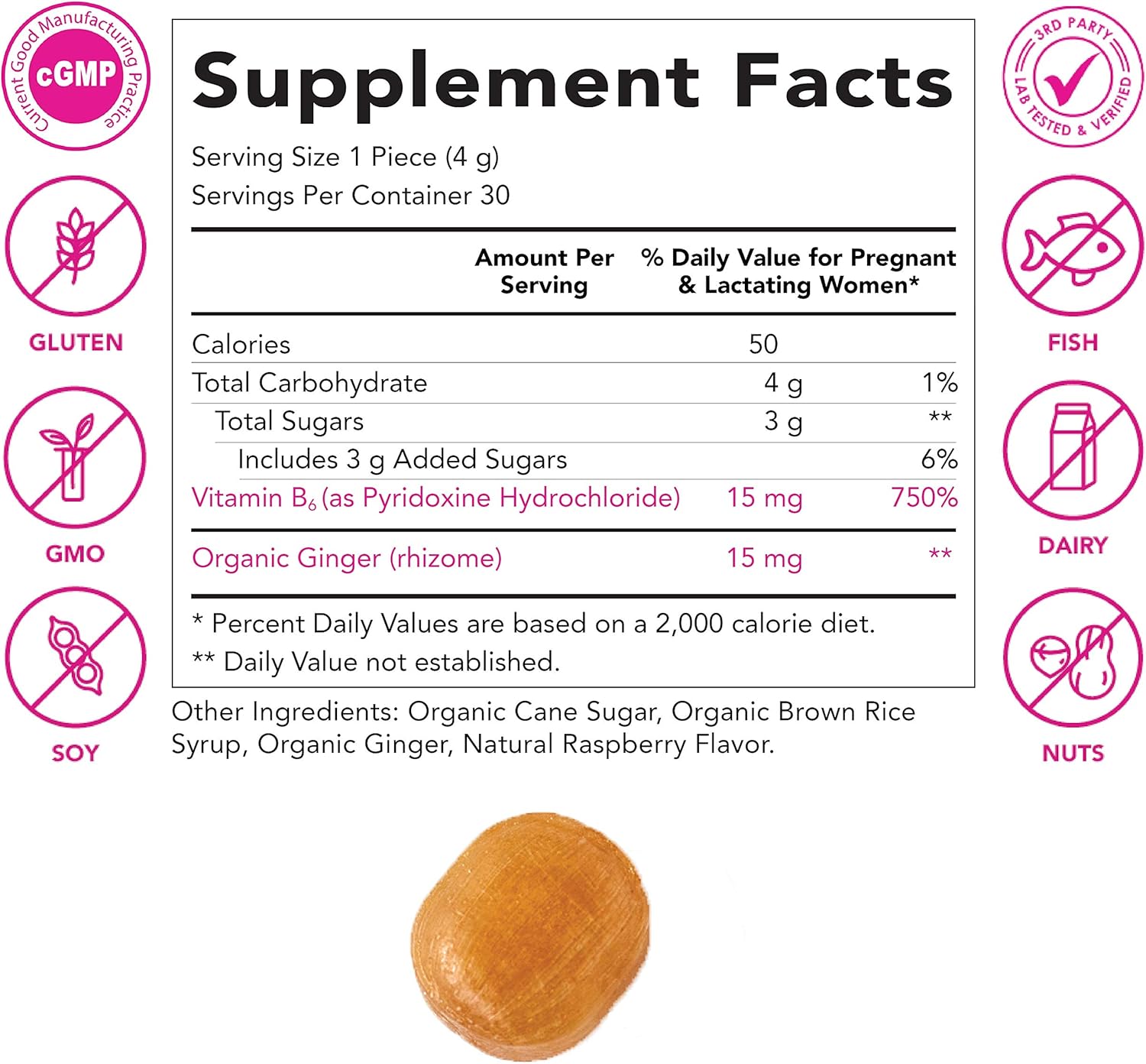 Pink Stork Morning Sickness Sweets: Ginger Raspberry Morning Sickness Candy for Pregnancy, Nausea, Digestion, 100% Organic + Vitamin B6, Women-Owned, 30 Hard Lozenges: Health & Personal Care