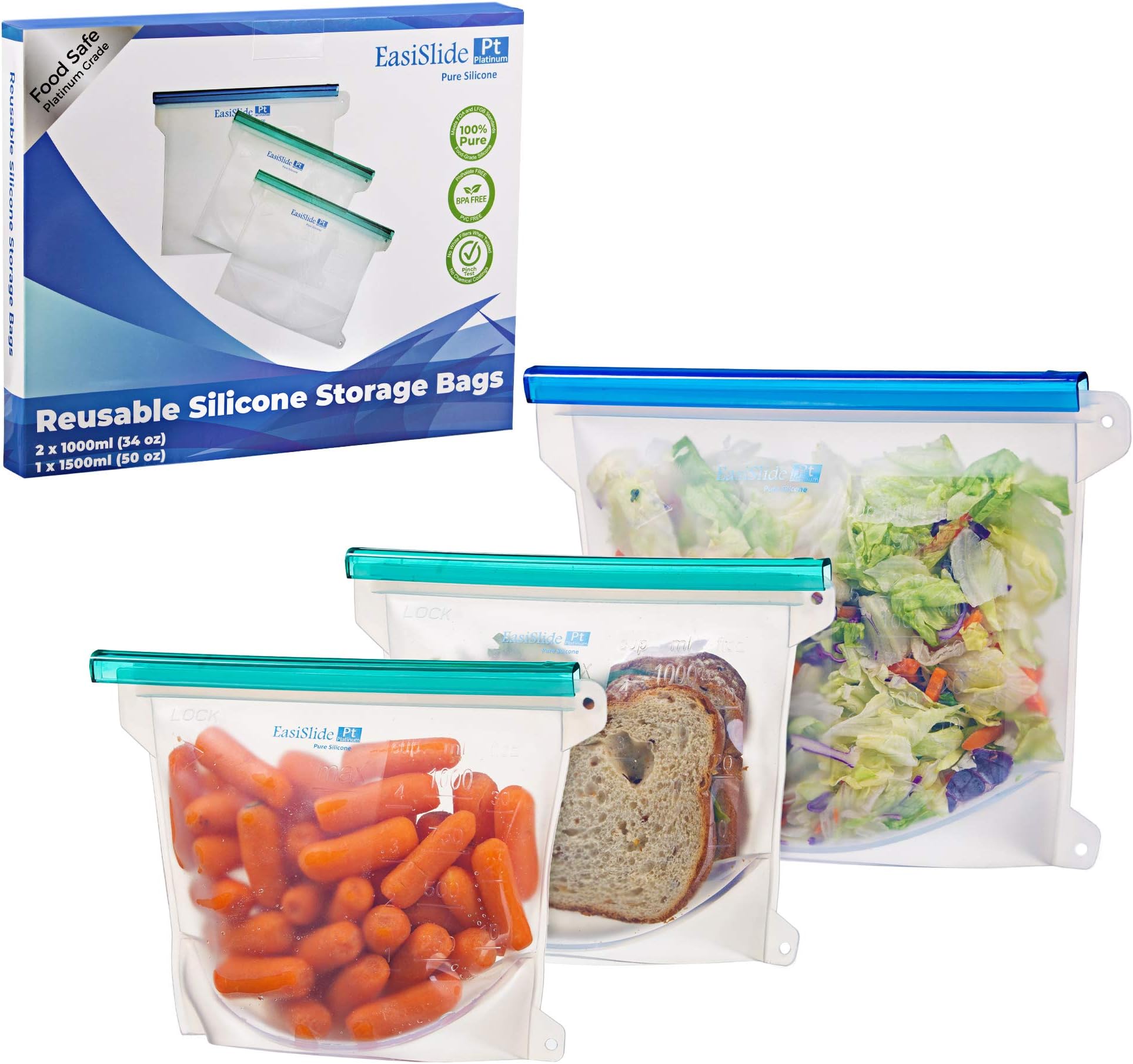 Reusable Silicone Food Storage Bags - Sandwich Lunch Snack Produce Freeze Microwave Steam Boil Sous Vide. Dishwasher Safe - Ecofriendly, Airtight Sealer. Set of 3. Size Large x1, Medium x2. Clear