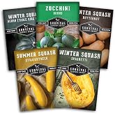 Squash Seeds Collection for Planting | 5 Heirloom Open-Pollinated Varieties: Round Zucchini, Yellow, Spaghetti, Butternut &amp; Acorn, Non-GMO - Survival Garden Seeds
