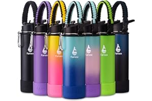 Farsea Insulated Water Bottle With Paracord Handle, Protective Boot and 2 Lids (Straw Lid & Spout Lid), Stainless Steel Water Bottle Wide Mouth, Double Wall Sweat-Proof BPA-Free, 24 oz