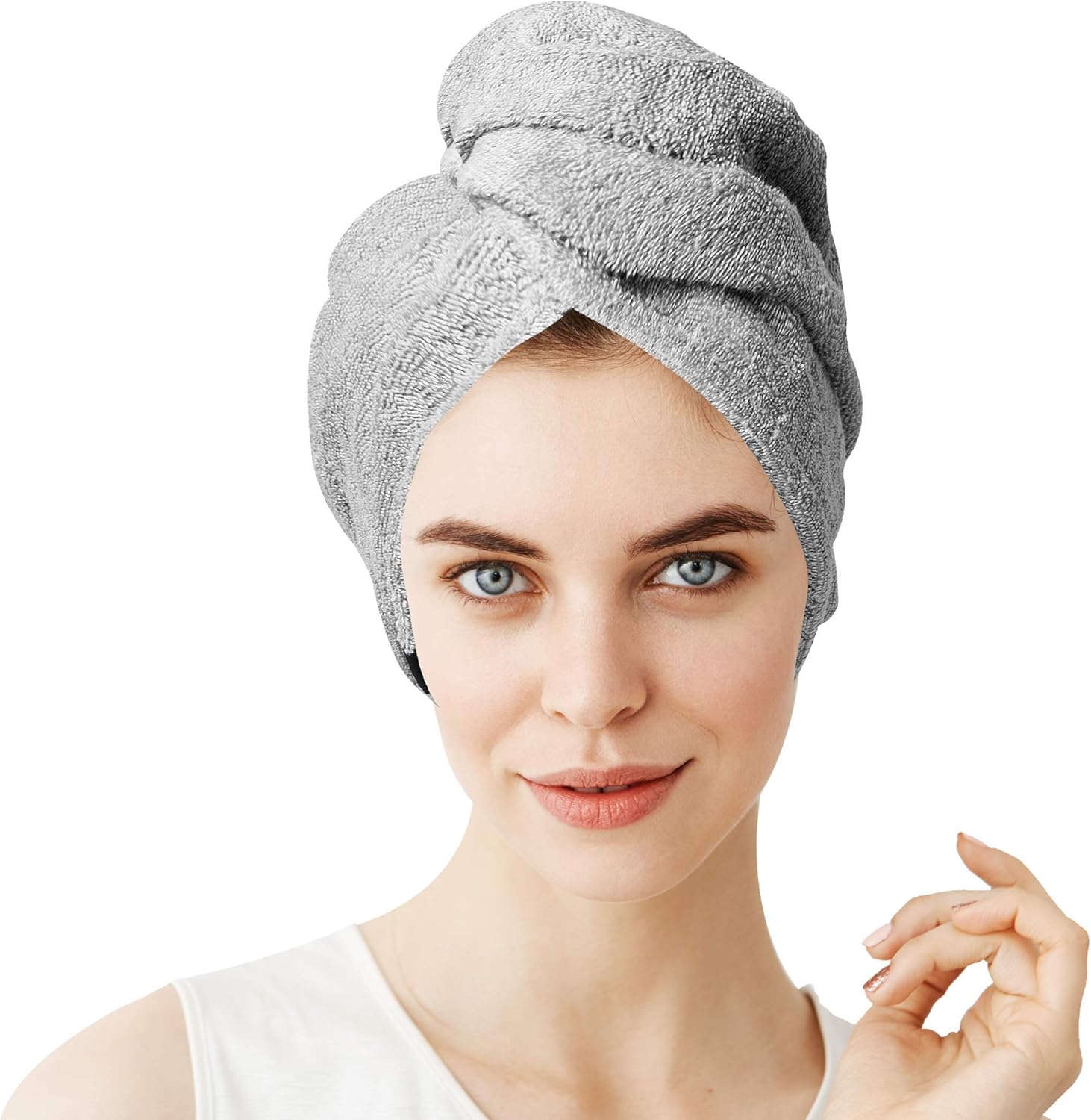 KEEPOZ Hair Towel Wrap Quick Dry 100% Cotton Super Absorbent Turban Head Wrap for Women with Button, Anti Frizz Hair Products, Hair Cap for Curly, Long & Thick Hair (1pc) (Grey): Home & Kitchen