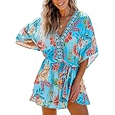 CUPSHE Women's Mini Dress V Neck Floral Half Dolman Sleeve Belted Loose Fit Short Summer Beach Dress