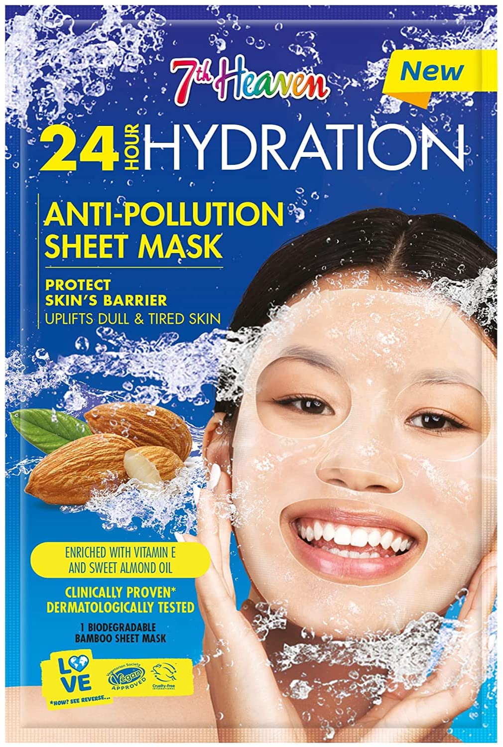 7th Heaven 24 Hour Hydration Biodegradable Bamboo Sheet Mask Enriched with Vitamin E to Protect the Skin's Barrier and Uplift Dull Tired Skin, Anti-Pollution, 1 Count