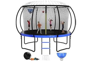 Zevemomo 12FT 14FT 16FT Outdoor Trampoline for Kids & Adults, Recreational Trampoline w/Ladder & Safety Net, Heavy Duty Backyard Metal Trampoline, 400/450LBS Round Pumpkin Trampoline, ASTM Approved