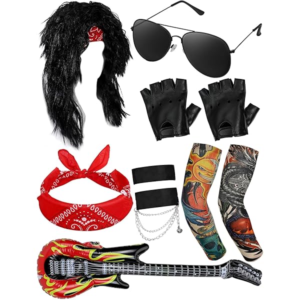 Kit De Accesorios Punk Rocker – Incluye Guantes De Rock, Guitarra Inflable De 90 Cm Y Micrófono Inflable, Ideal Para Fiestas De Los 70, 80 Y 90, Carnaval Y Halloween