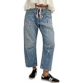 Mewunan Womens Pull-On Barrel Jeans Mid-Low Rise Boyfriend Drawstring Ankle Baggy Elastic Waist Stretchy Boho Denim Pants