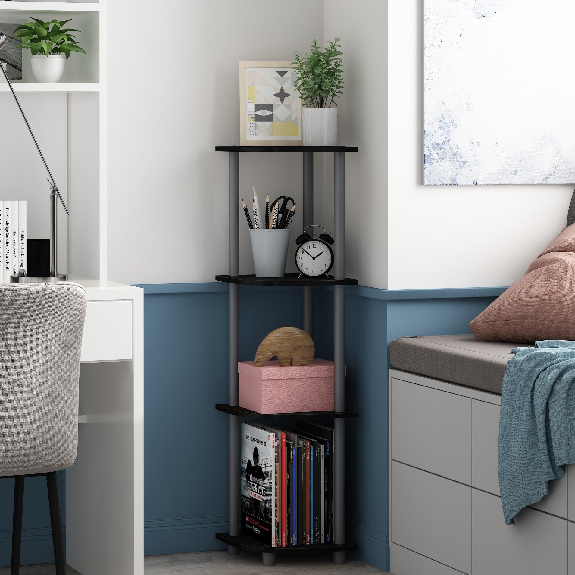 Furinno Turn-N-Tube Corner Shelf, 4-Tier Corner Bookshelf, Display Storage Shelves with Open Shelves, for Organization and Storage, Living Room, Home Office, Garage, Black Image