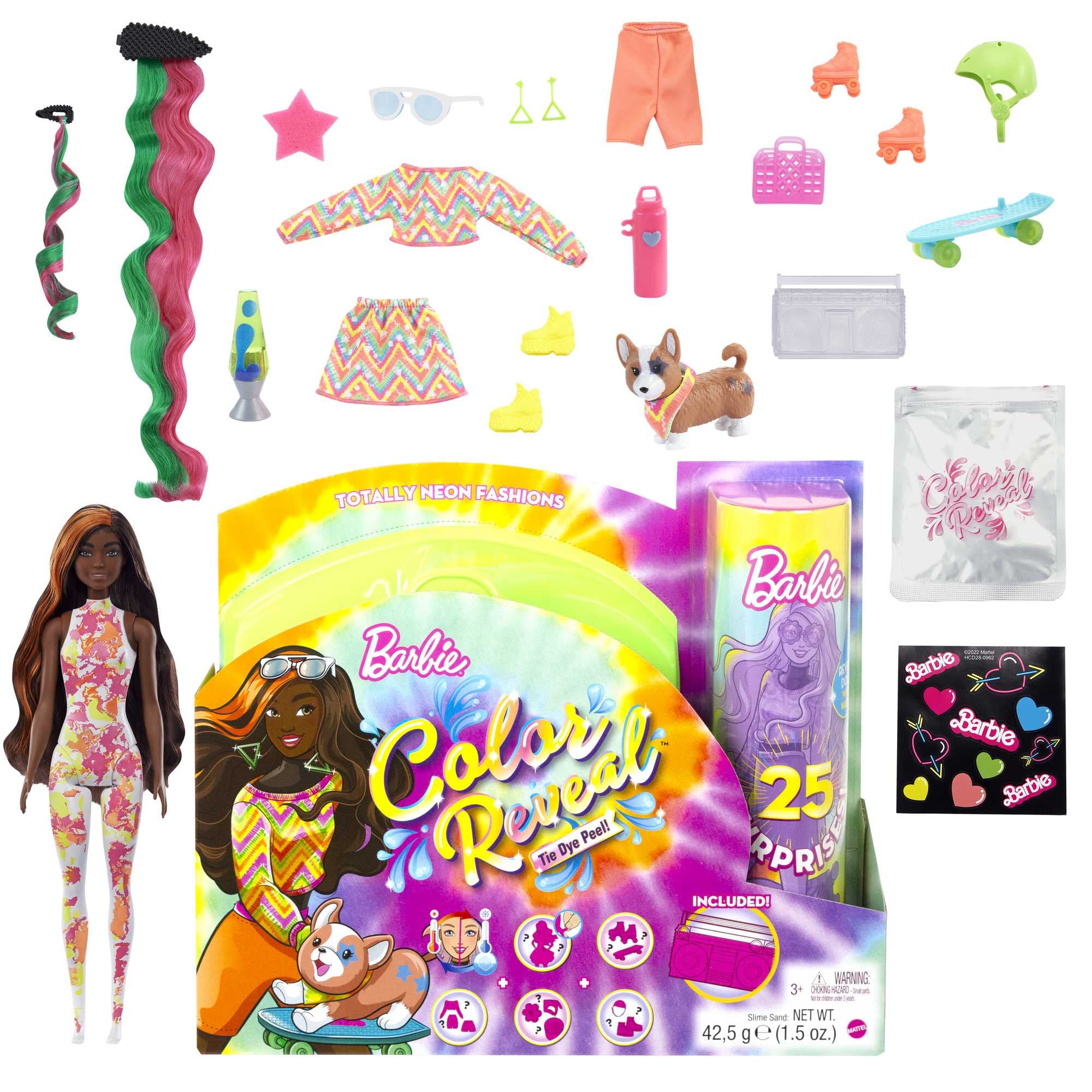Barbie Color Reveal Totally Neon Fashions Doll with Orange-Streaked Brunette Hair & 25 Surprises Including Color Change, Gift for Kids