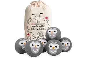 Calindiana 100% Organic Premium New Zealand Wool Dryer Balls Laundry Reusable Fabric Softener, Cute Dryer Sheets Alternative, Anti Static XL Size 6 Pack, Grey Owl