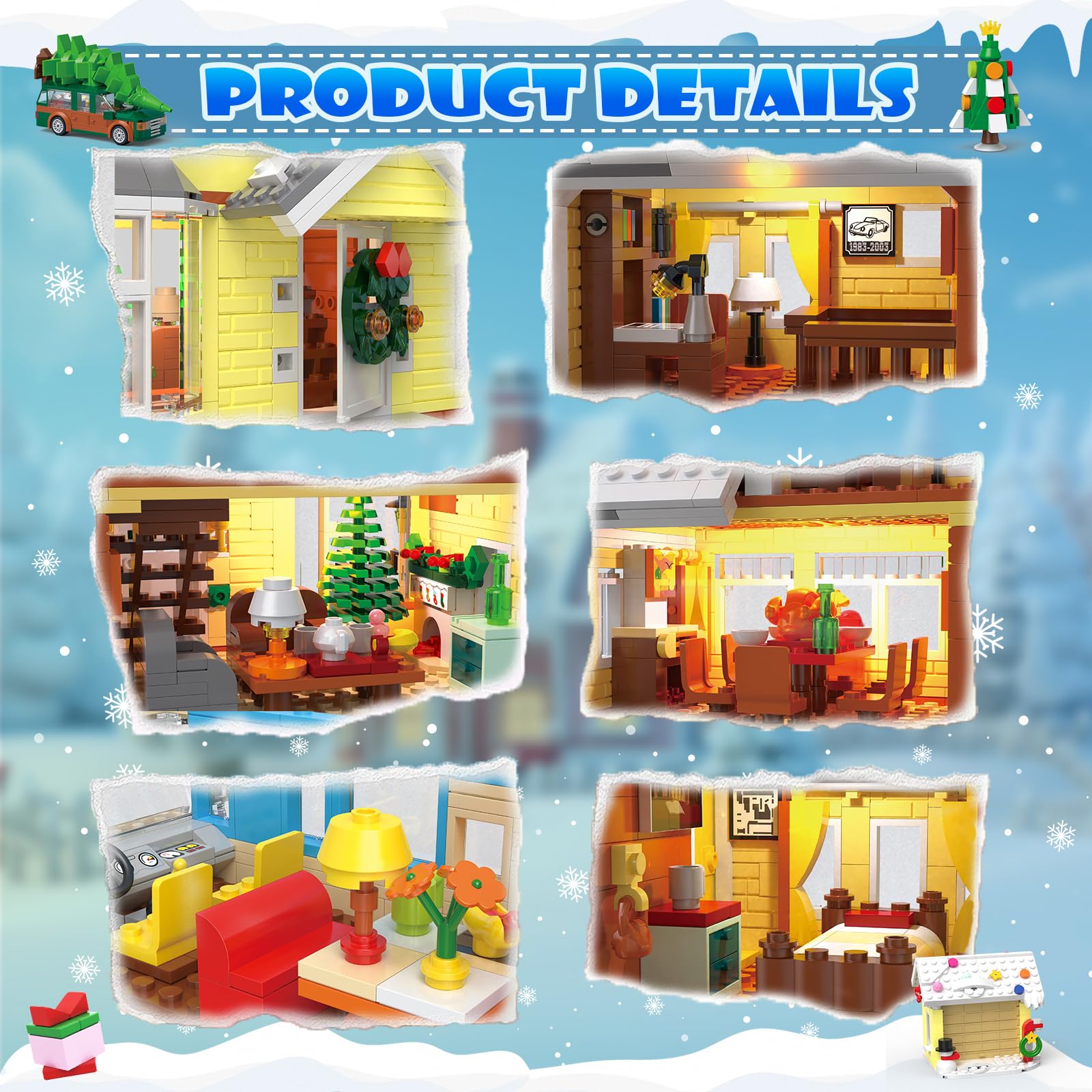Snow Village Building Set,4 in 1 Christmas Vacation Holiday House&Cousin Eddie's RV&Picup Truck&Garage Building Blocks Model Kit Compatible with Lego for Child Adults(2056PCS)
