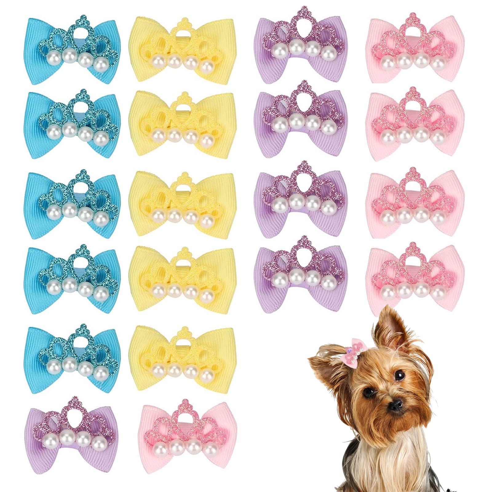 Dog Hair Bows with Rubber Bands, 20 Pcs Cute Crown Pearl Bow Dog Hair Bands Hair Rope Pet Hair Accessories Grooming Products for Puppies Cats Small Animals
