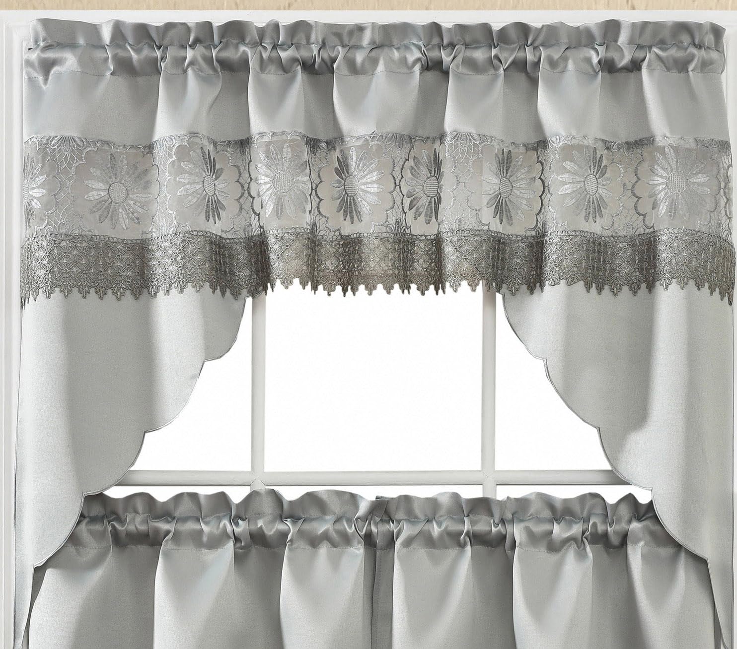 Photo 1 of GOHD Daisy Dream. Kitchen Cafe Curtain Set for Small Windows. Satin Fabric with Matching Color Daisy Embroidery and Lace. (Grey, Swag and 24 inches Tiers Set)