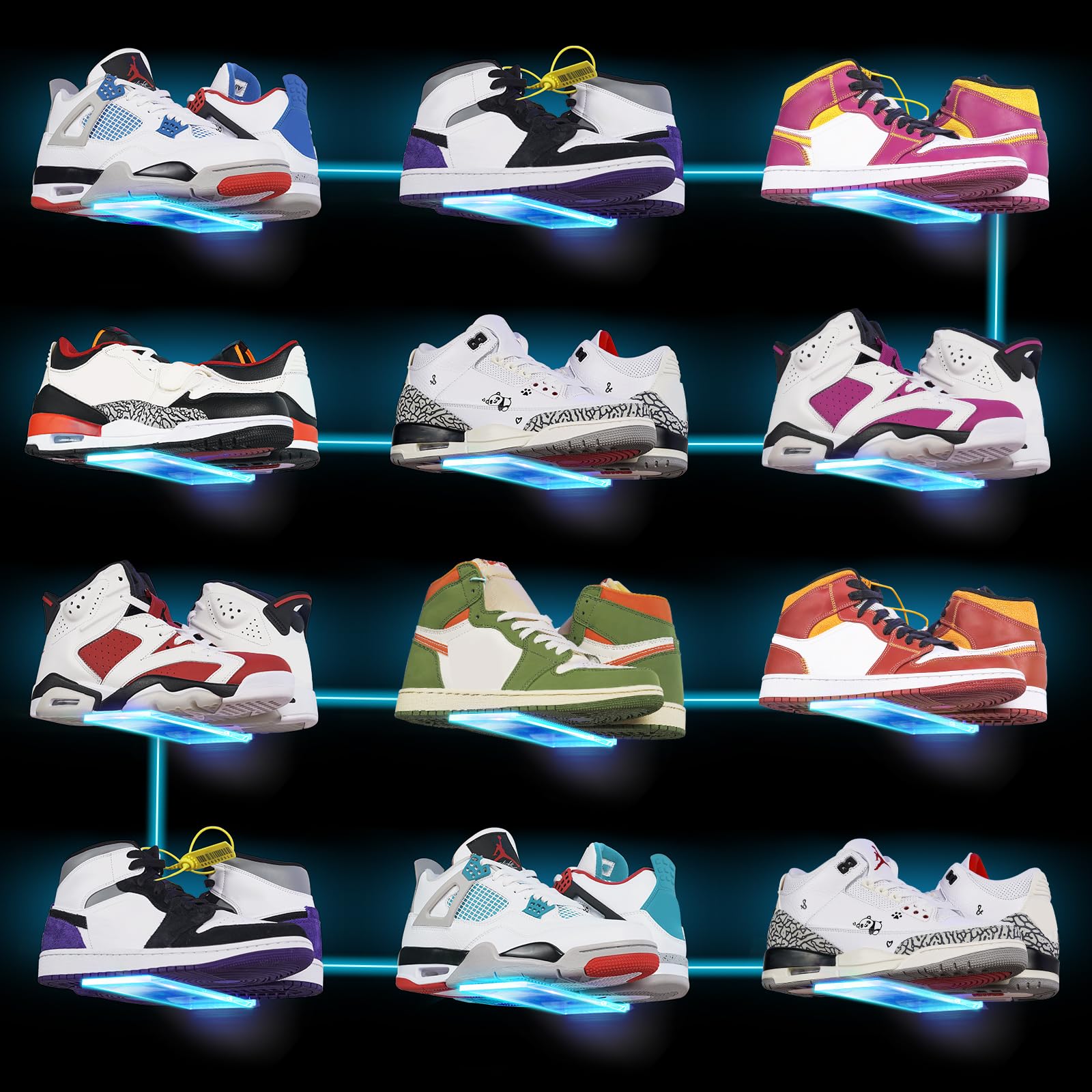LINYAPRY 12 Packs Floating Shoe Display Shelf with Lights, Glow Color Changing Sneaker Display Shelves for Wall, Levitating Shoe Rack Organizer Holder for for Showcase Sneaker Collection or Shoes Box