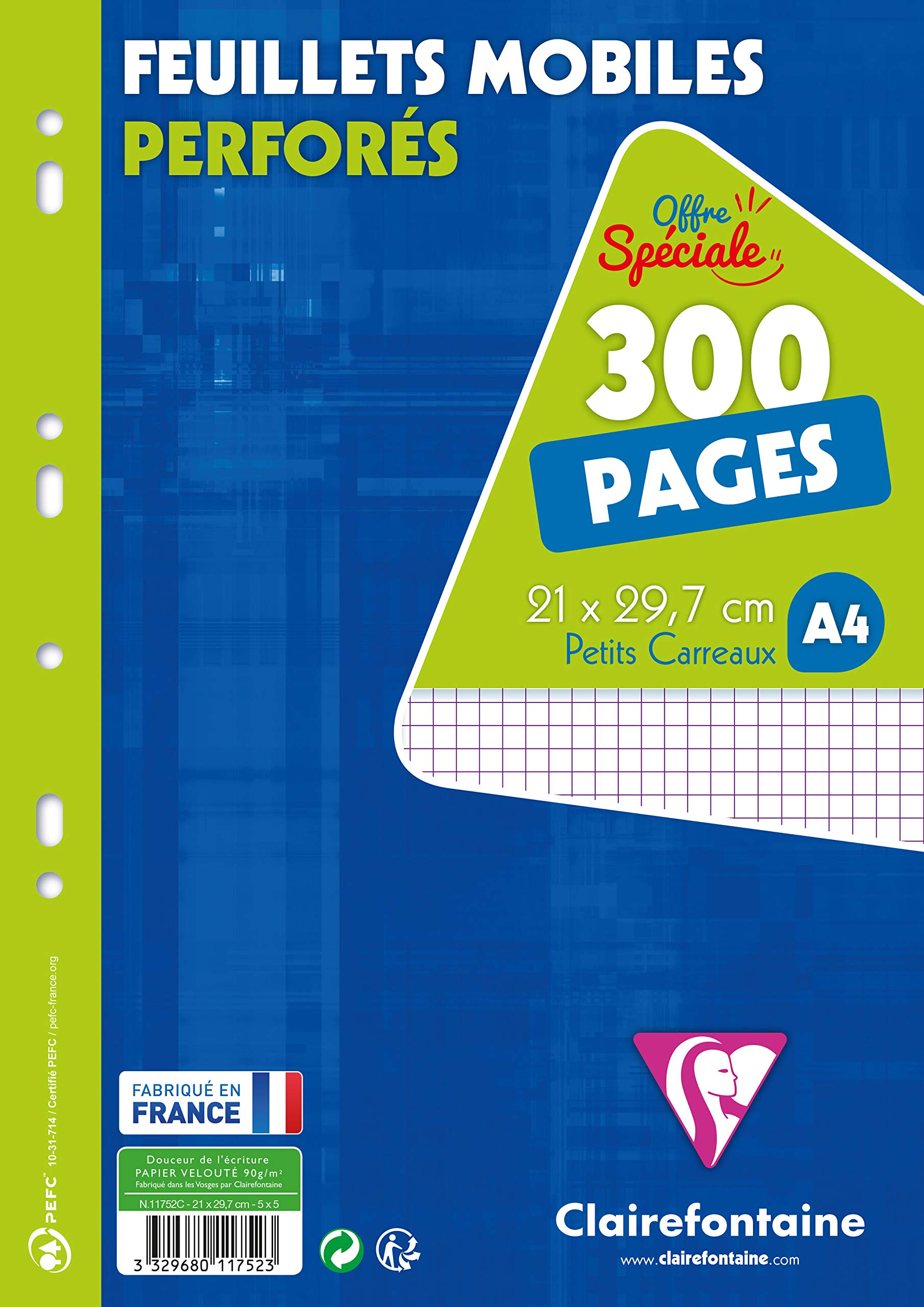 Clairefontaine 11752C - One pack of perforated loose-leaf film sheets - Dimensions: A4 21 x 29.7 cm - 300 Small Squares Pages - White Vellum Paper 90 g