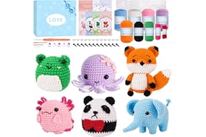 Gerute Crochet Kit for Beginners Adults Kids, Learn to Crochet with Step-by-Step Video Tutorials & Illustrated Guide, 40% More Yarn for 6 DIY Amigurumi Animal Projects, Complete Starter Supplies