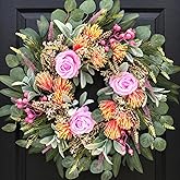 DFRREN 24 Inch Spring Rose Wreath Handmade Wreath for Front Door, with Eucalyptus Berries & Flocking Prote, Farmhouse Wreath for Home Indoor Outdoor Wall Festival Farmhouse Holiday Decor Year Round