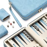 Backgammon Sets for Adults and Kids, Classic Backgammon Board with Unique Checkers Dice, Folding Faux Leather Backgammon Case, Portable Travel Backgammon Game Set (Blue)