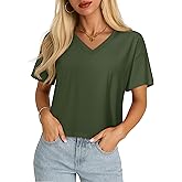 YUCOLEN Cropped T Shirts for Women Short Sleeve V Neck Cotton Basic Tees Soft Loose Fit UPF 50+ Crop Tops for Summer