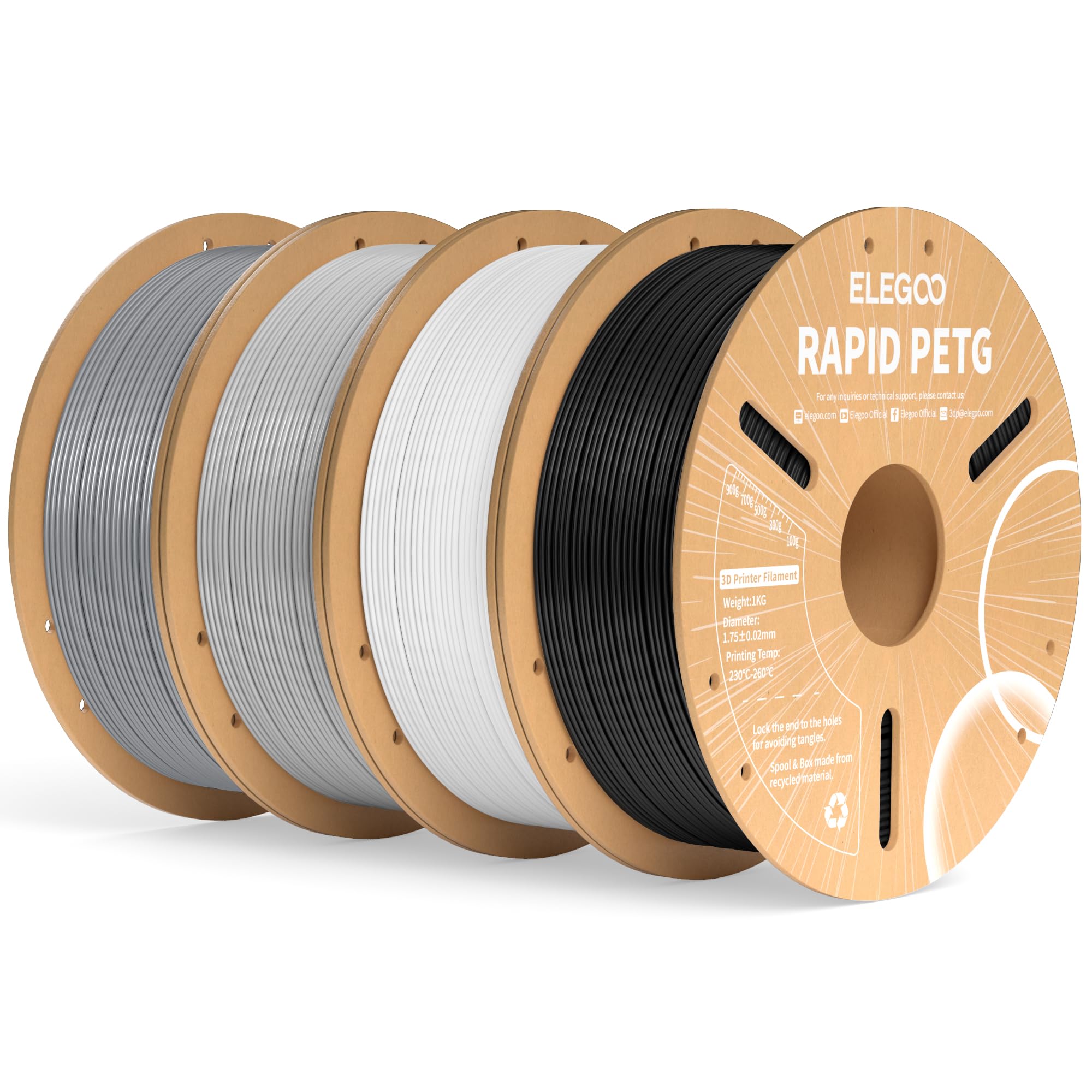 ELEGOO Rapid PETG Filament 1.75mm Schwarz Weiß Grau Silber 4 KG, High Speed 600mm/s 3D Drucker Filament Maßgenauigkeit +/- 0.02 mm, 4kg Pappspule(8.8lbs) Passend für die Meisten 3D Printer