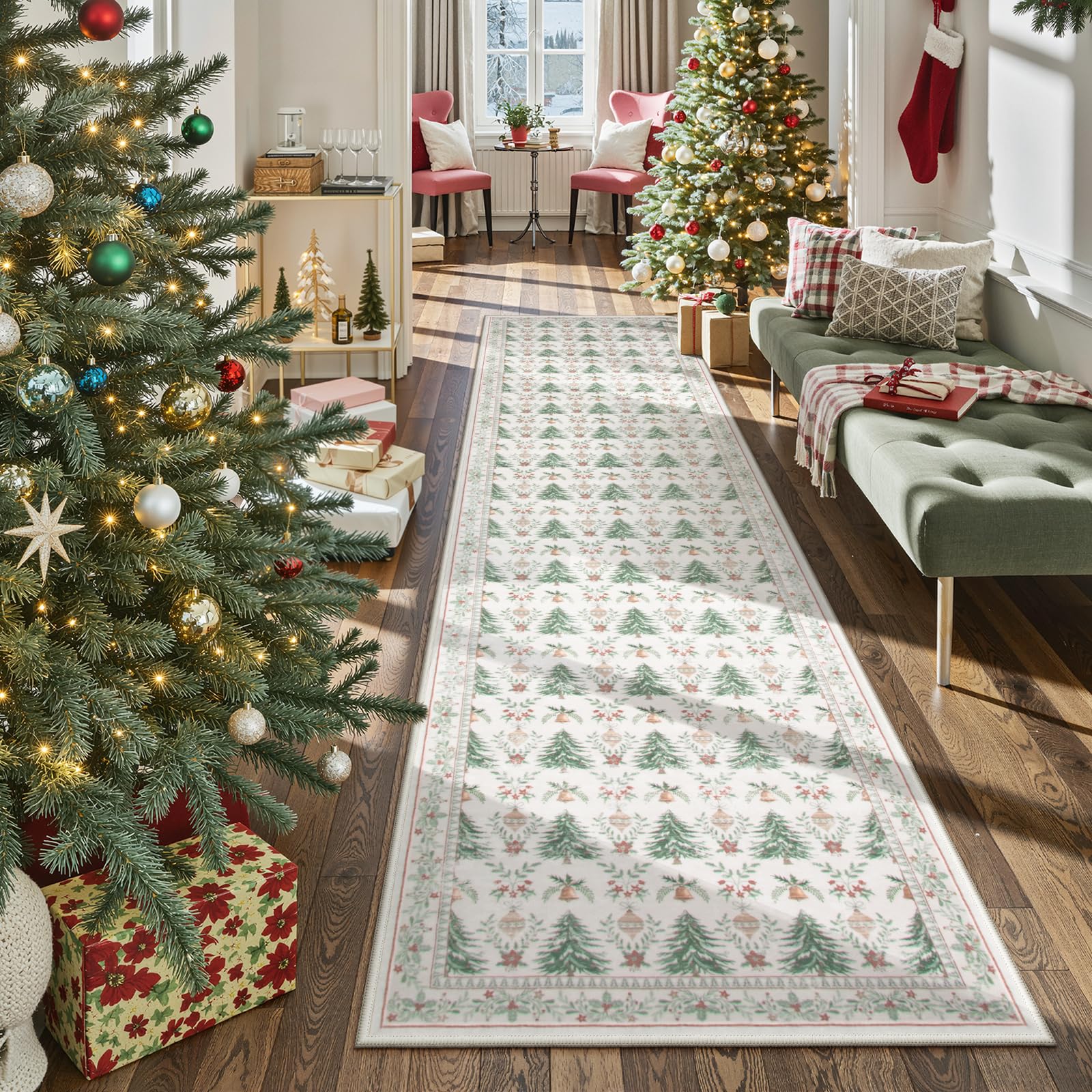 View 1 of Yuemasi Christmas Hallway Rug 2x8, Ultra-Thin Beige Kitchen Runner Rugs Non Skid Washable 8ft Christmas Soft Bedroom Runner, Tree Pattern Print Holiday Decor for Besides Entry Bathroom (2x8ft,Beige)