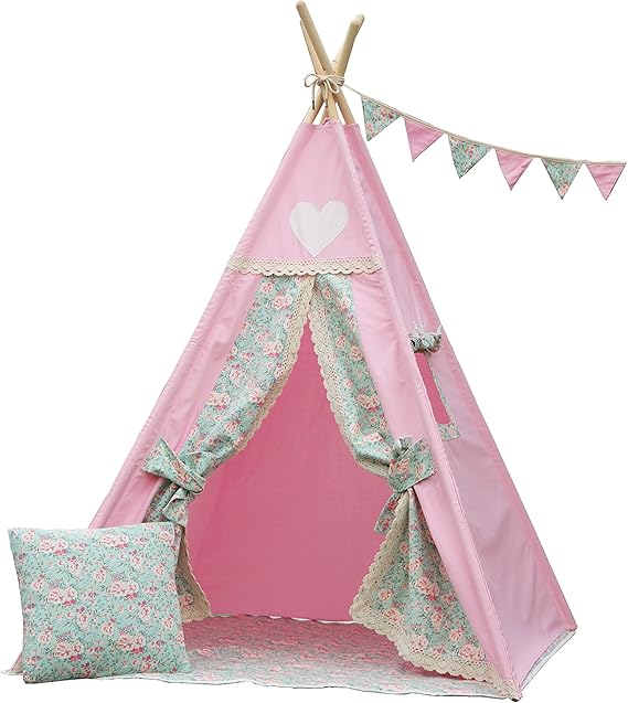Iloveteepee Pink Teepee with Floor, Poles, LED Light, Flags and Storage