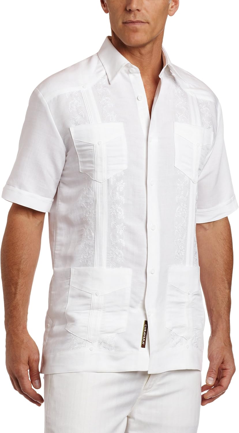 Cubavera Men's Short Sleeve Embroidered Guayabera Shirt, Bright White