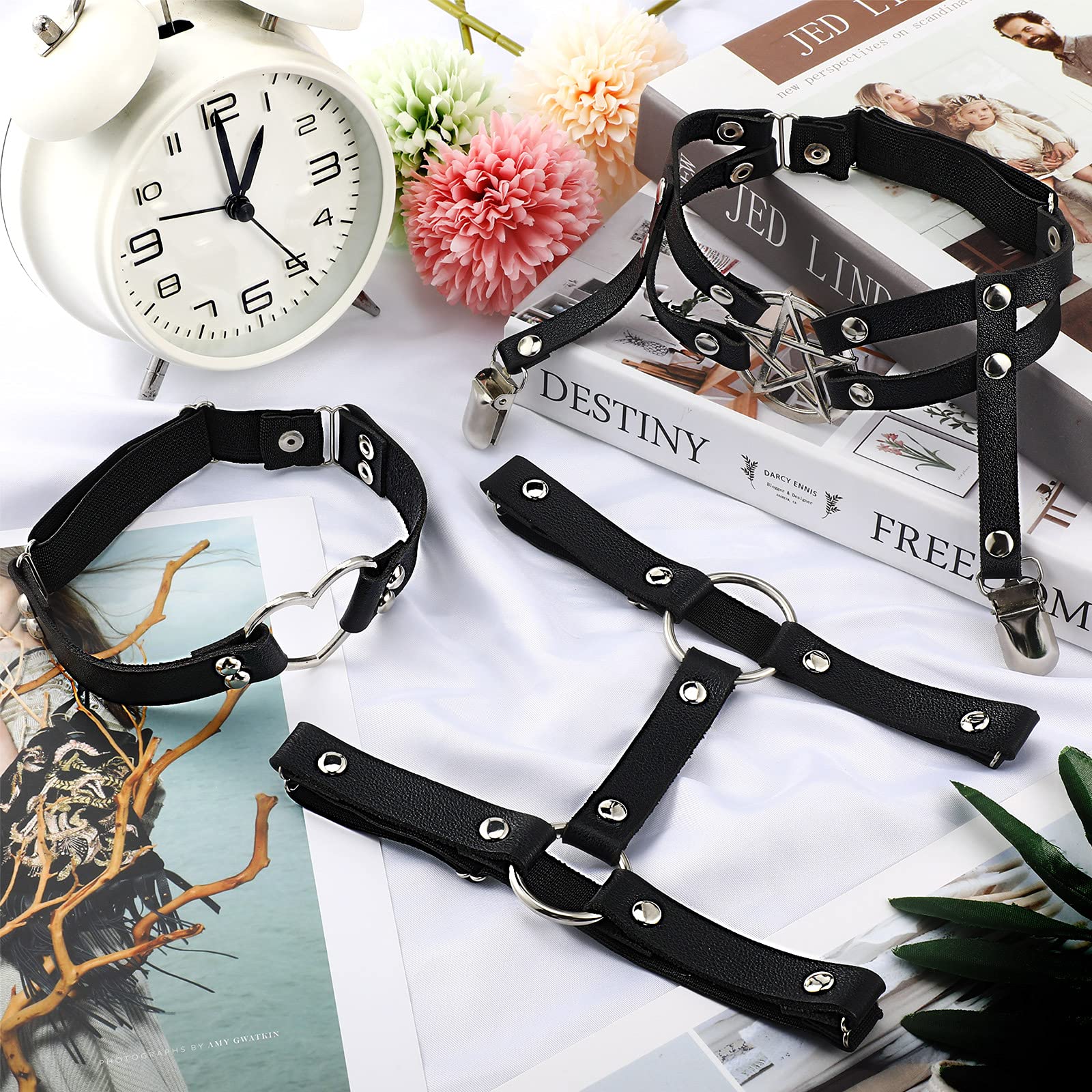 Syhood 6 Pieces Adjustable Garter Belts with Anti-slip Clips, Elastic Punk Thigh Ring Garter Star Shaped Leg Heart-shaped Leg Ring 2 Rows Thigh Belt Suspender for Women