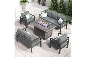 LayinSun Aluminum Furniture Set with Fire Pit Table, 5 Pieces Patio Sectional Conversation Chat Sofa Modern Seating Set