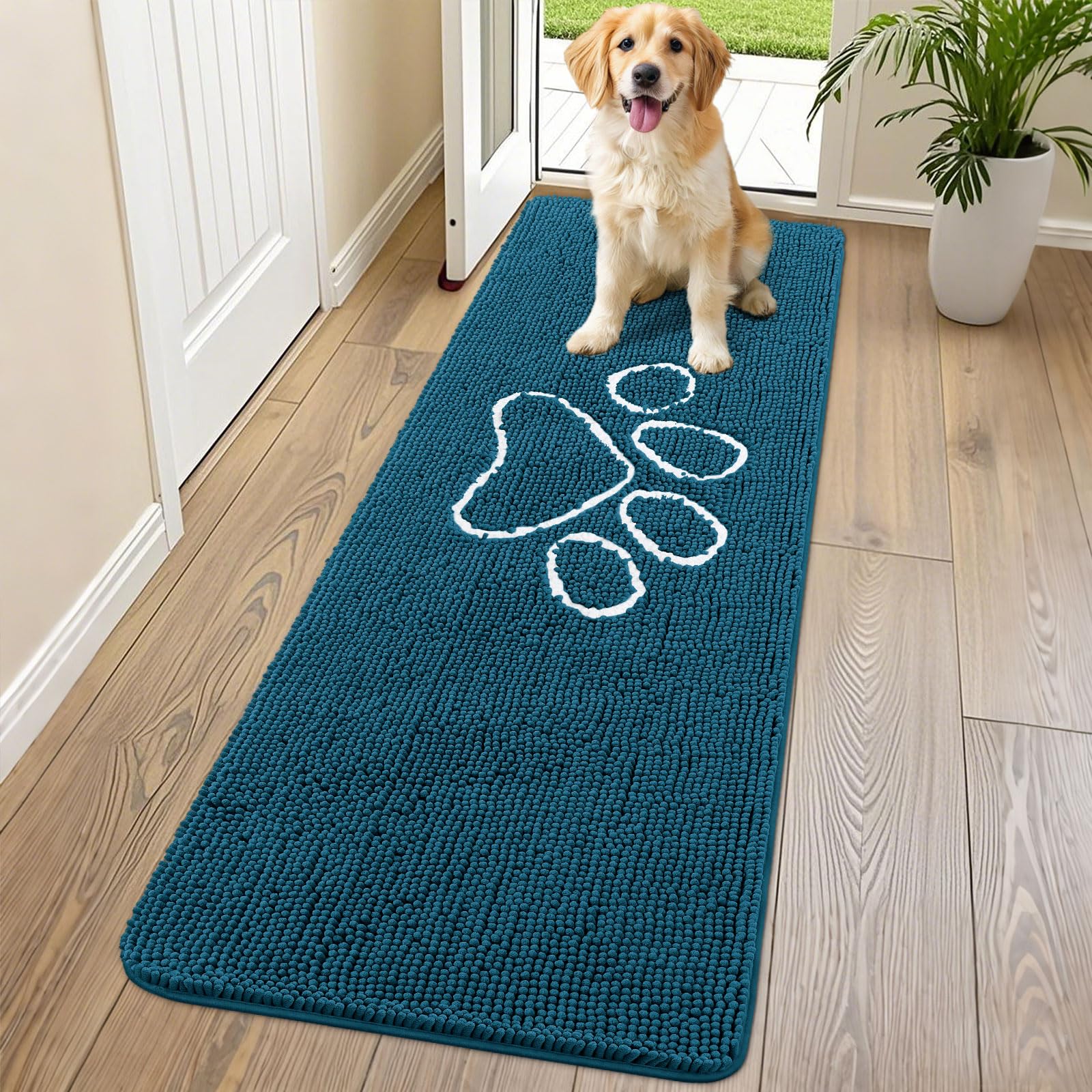 Photo 1 of Smiry Dog Door Mat for Muddy Paws, Absorbent Dirt Trapper Non Slip Quick Dry Washable Chenille Mat for Mud Dogs, Entry Rug for Indoor and Outdoor (70x24 Inches, Atlantic Blue)
