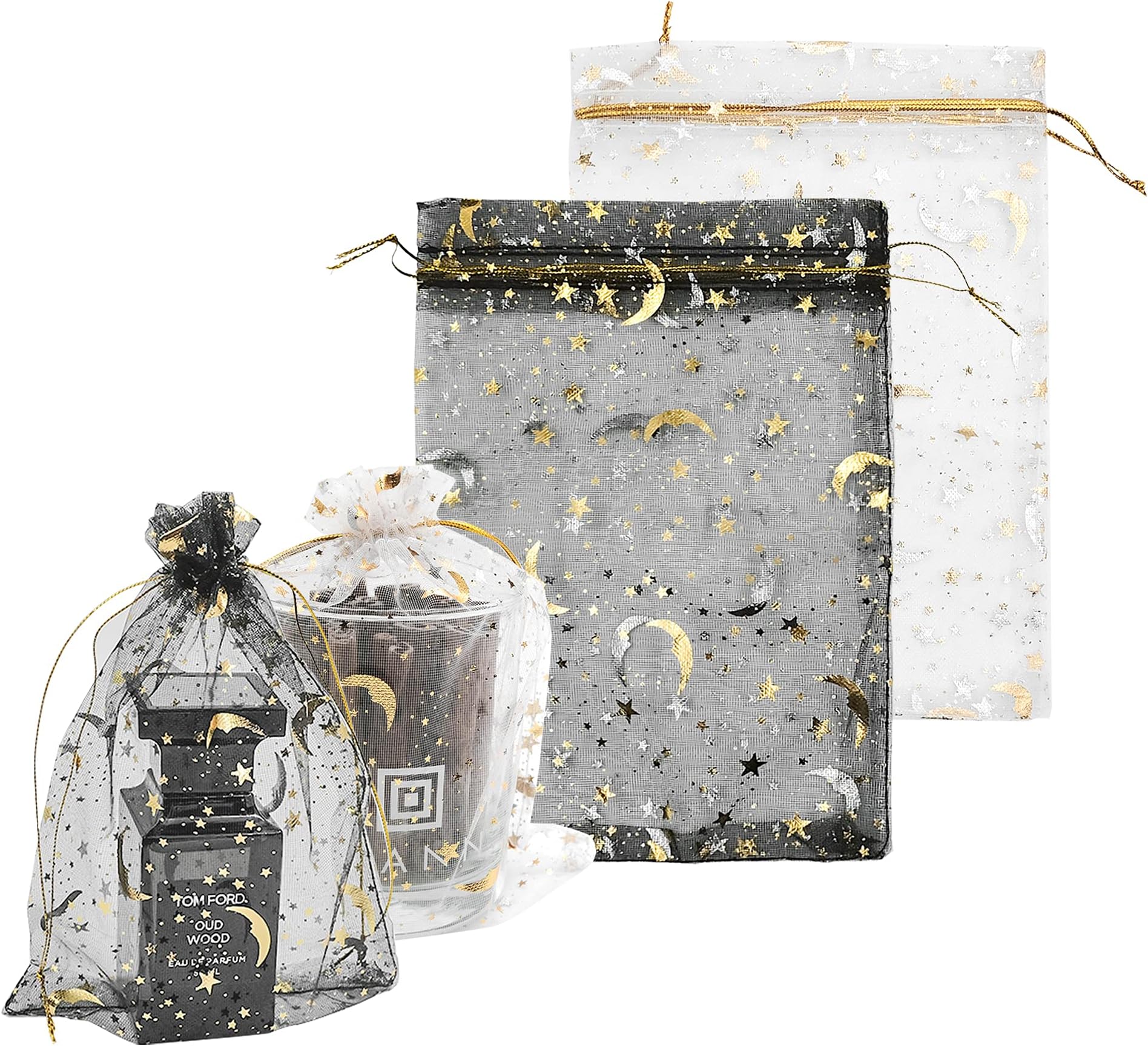 souG Organza Gifts Bags, 5x7 100Pcs Sheer Organza Drawstring Pouches Stars and Moon Wedding Party Favor Jewelry Candy Gift Bags (White and Black).