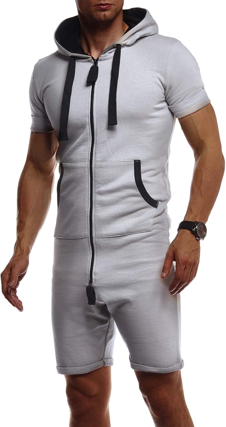 Leif Nelson Herren Kurze Jumpsuit für Sommer Kurze Hose Kurzarm Overall