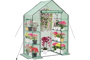 Purlyu Walk-in Greenhouse for Outdoors w/ Mesh Side Windows, 3 Tiers 6 Shelves PE Cover Green House Portable Warm House for Seedling Flowers Growing 20 Pcs T-Type Plant Tags Include (GHW001G)