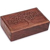 Ajuny Hand Carved Wooden Decorative Treasure Chest Box - Tree Flower Design Multipurpose Use Jewelry Storage Case Organizer Keepsake Watch Box Great for Gifts - Brown, 8X5 Inch