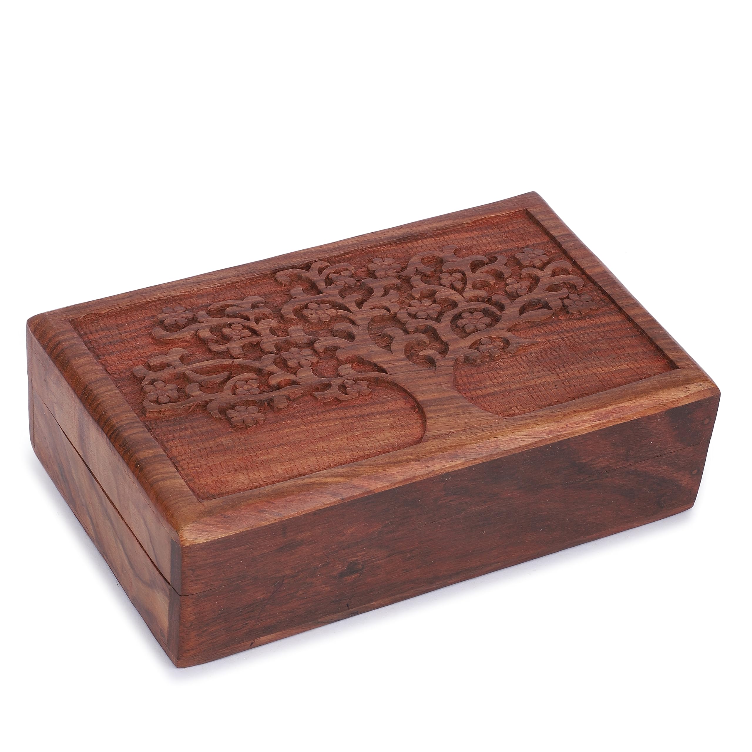 Ajuny Hand Carved Wooden Decorative Treasure Chest Box - Multipurpose Use Jewelry Storage Case Organizer Keepsake Watch Box Great for Gifts - Brown, 8X5 Inch