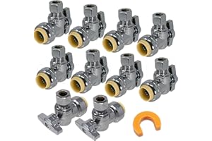 [10-Pack] PROCURU PushFit Angle Stop Valve 1/2" Push x 3/8" OD Comp, Quarter-Turn Push-to-Connect Brass Shutoff Valve for Copper, PEX, CPVC, PE-RT, HDPE Pipes, LF Certified Safe (8X8012-11T)
