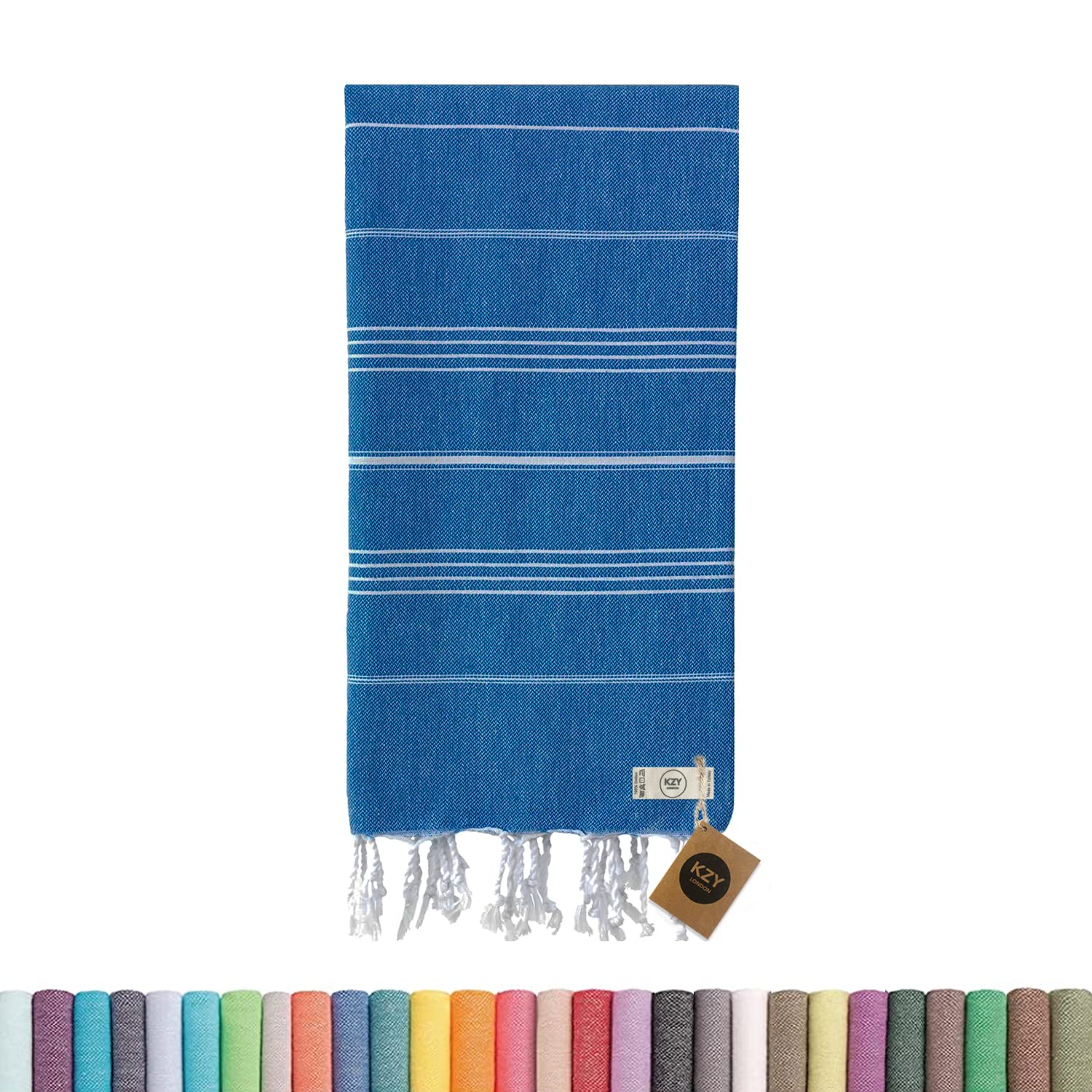 KZY LONDON Beach Towels for Adults - Travel Towel - Large Turkish Beach Towels for Camping, Swimming, Bath, Gym, Picnic - Quick Dry, Super Absorbent, Lightweight, Compact Cotton Hammam Towels (Blue)