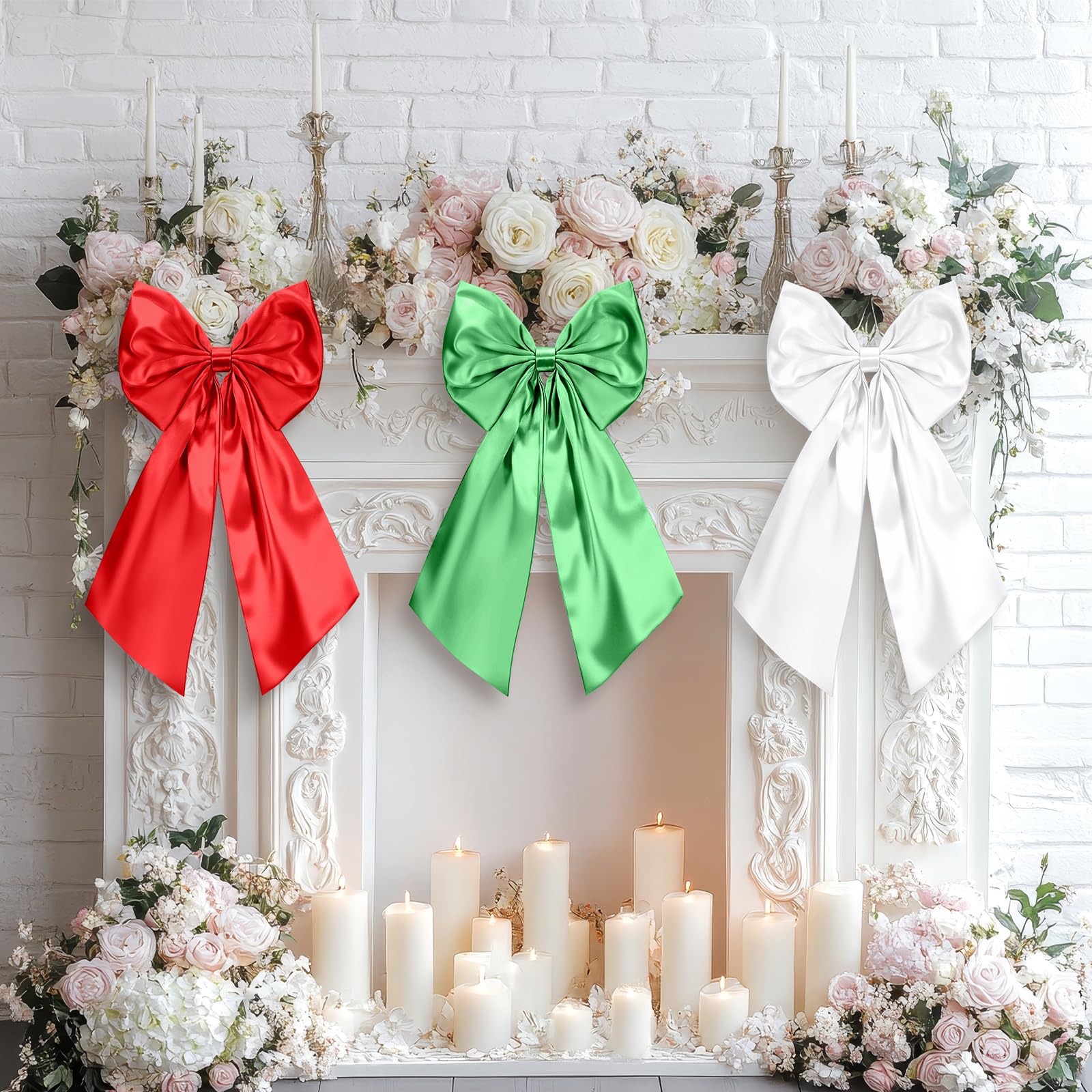 Photo 1 of 3 Pcs 2 ft Large Christmas Bow Decorations Big Satin Red Green White Bows Hanging Wall Decors for Room Fireplace Coquette Backdrop Bridal Shower Wedding Bachelorette Xmas Party Supplies