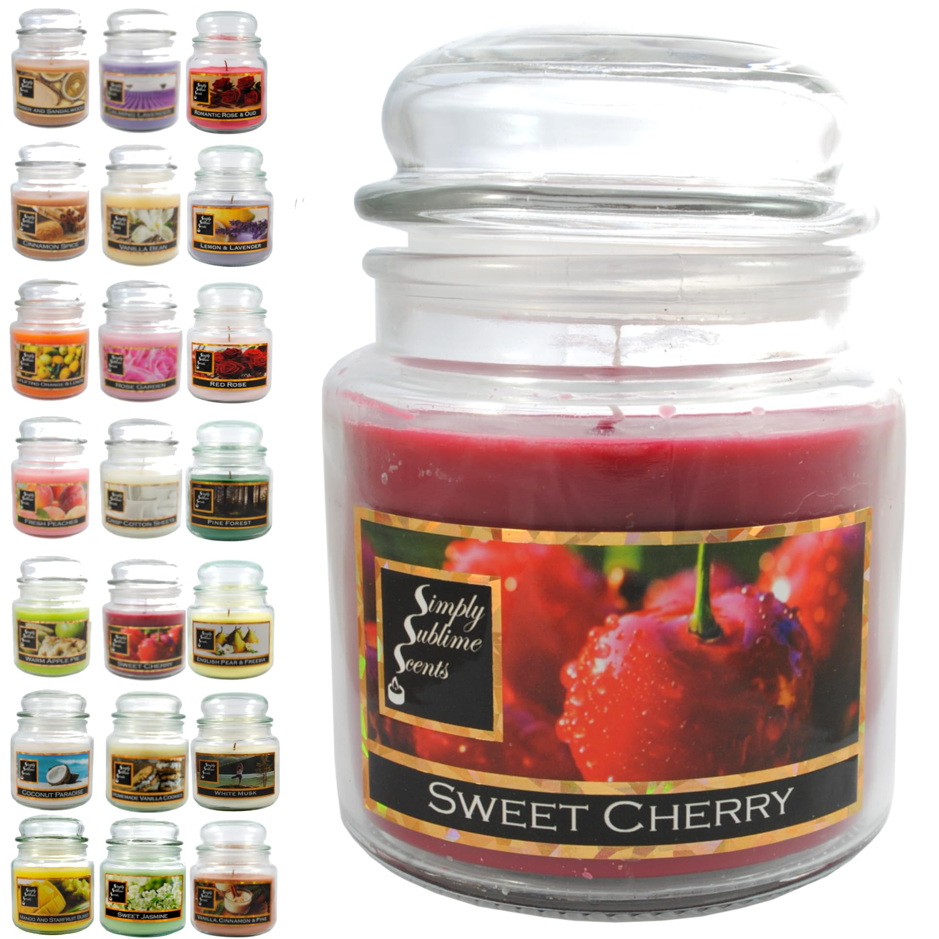 SIMPLY SUBLIME SCENTS - Luxury Scented Candle - Exceptional Fragrance Oil - Medium Glass Jar, Up to 76 Hours - Clever Wax Formula for a Long, Clean and Even Burn - Sweet Cherry - Cotton Wick