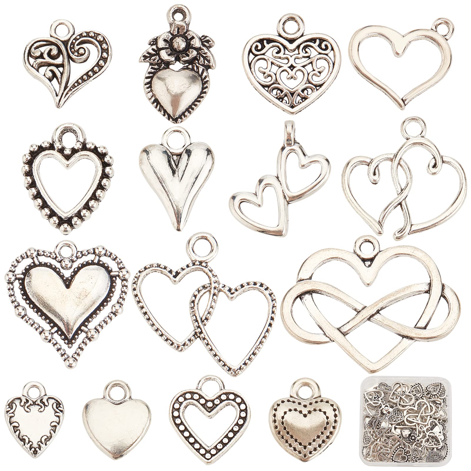 SUNNYCLUE 1 Box 90Pcs 15 Styles Valentines Day Antique Silver Heart Charms Hollow Love Charms Hearts Shaped Tibetan Style Romantic for Jewellery Making Wedding Gifts Handmade Crafts — image 1