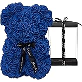 DuHouse Rose Bear Rose Teddy Bear Flower Gift Black Box for Valentines Gifts Anniversary Christmas,Birthdays Bridal Showers -Fully Handmade 10 inch Flower Bear Clear Gift Box (Royal Blue)