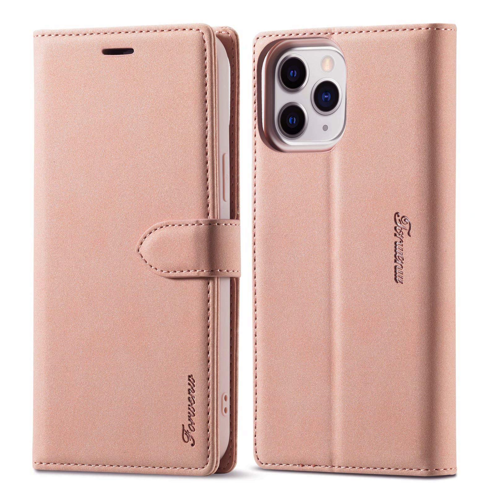 LOLFZ Wallet Case for iPhone 12 Pro Max, Vintage Leather Case Card Holder Kickstand Magnetic Closure Flip Case Cover for iPhone 12 Pro Max 6.7 inch - Rose Gold