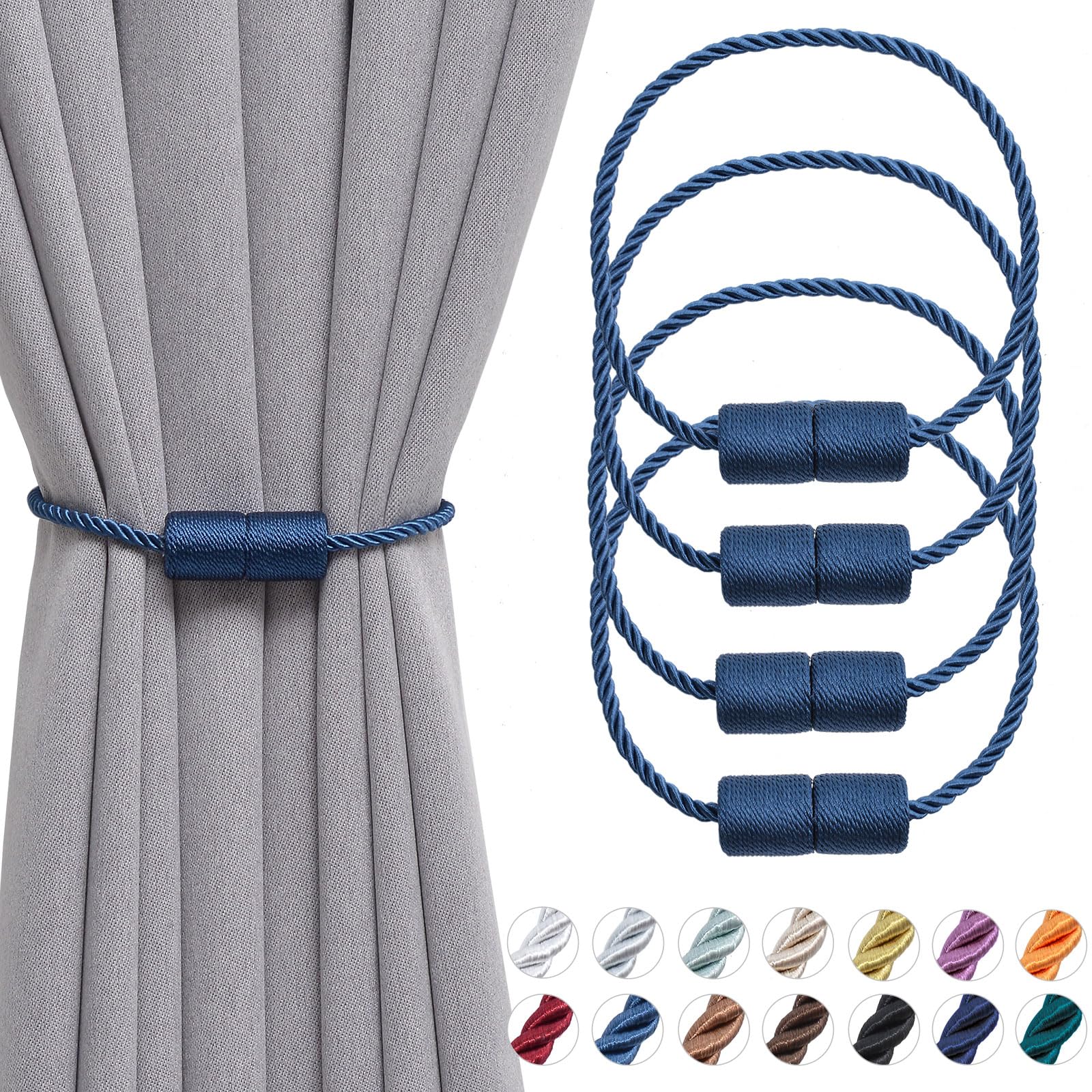 Pretty Jolly 4 Pack Magnetic Curtain Tiebacks 16 Inch Handmade Weave Side Rope Curtain Holdbacks Convenient Decorative Cylinder Curtain Drape Tie Backs for Home & Office Window Drapery (Navy)