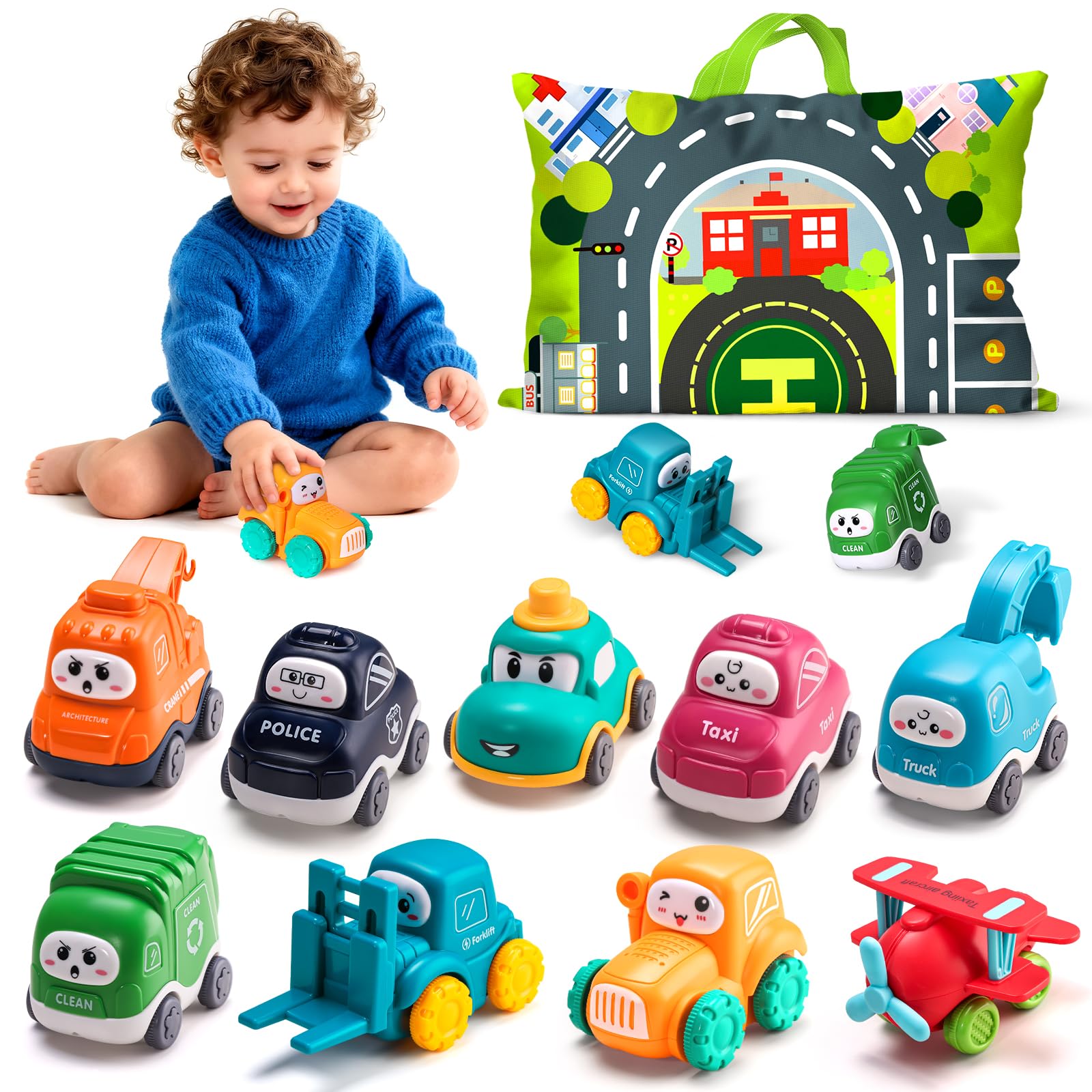 ALASOU 9 PCS Baby Cranes Car Toys for 1 Year Old Boy with Playmat/Storage Bag|1st Birthday Gift Easter Basket Stuffers for Toddler Toys 1-2|Baby Toys 1 Year Old Boy Gifts for Infant 12 18 Months