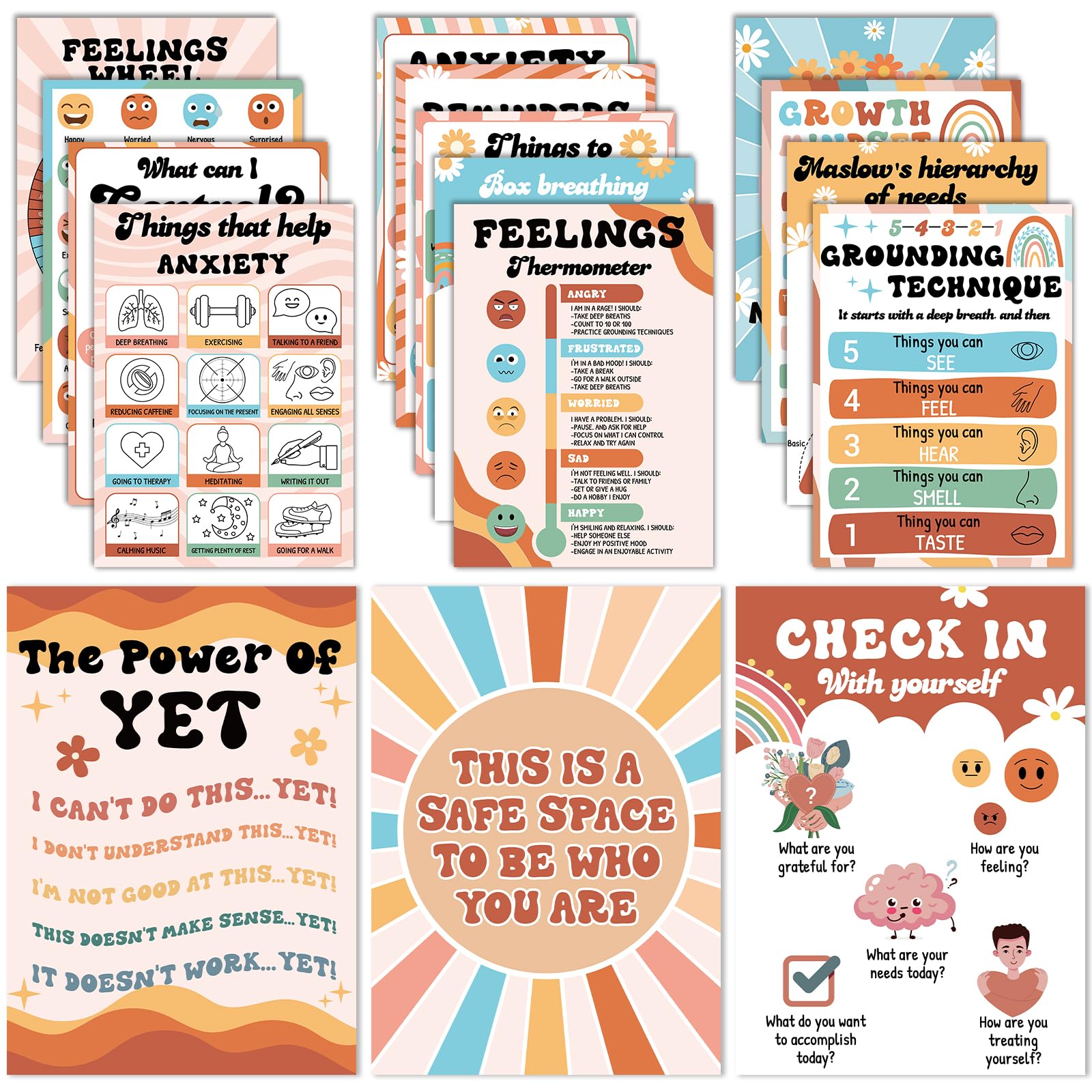 Photo 1 of 16PCS Groovy Mental Health Posters for Classroom Hippie Anxiety Therapy Growth Mindset Inspirational Poster Counseling Therapist Office Must Haves Retro Feeling Wheel Poster Positive Quotes Decor