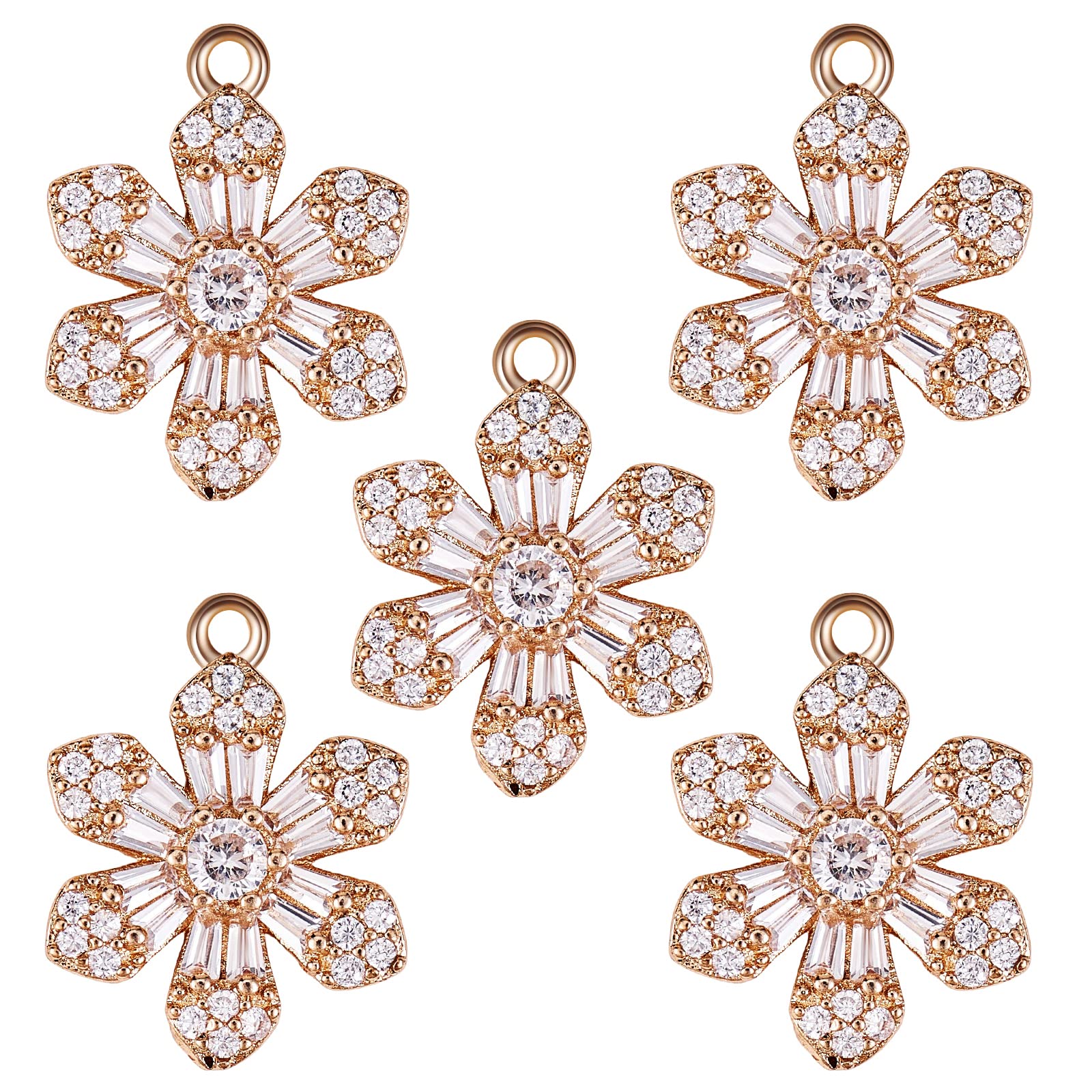 COGCHARGER 5 Pcs Flower Cubic Zirconia Pendants Brass Flower Charm Pendant Brass Micro Pave Clear Cubic Zirconia Pendants for Jewelry Necklace Making