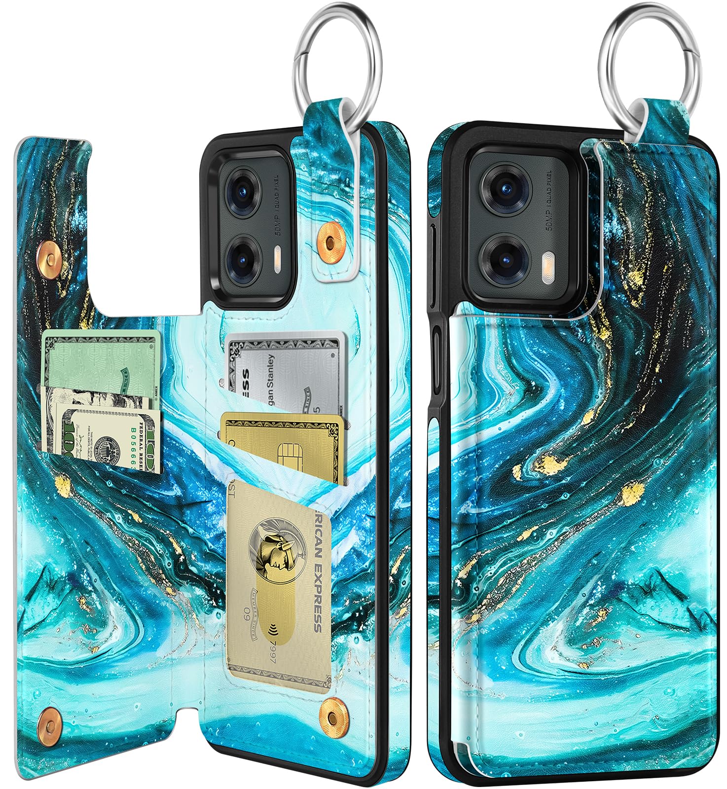 Photo 1 of Shorogyt for Moto G Power 5G 2024 Wallet Case with Card Holder - Designer Cyan Pattern Kickstand Magnetic Clasp Back Flip Folio Leather Phone Cases for Women Girls Men