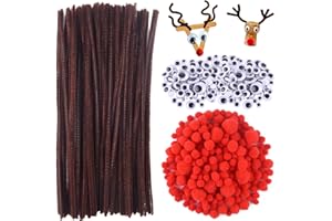 TUPARKA 650 Pcs Christmas Reindeer DIY Craft Set, Including 70 Pcs Brown Pipe Cleaners Chenille, 320 Pcs Googly Eyes, 260 Pcs Red Pom Poms Pompoms Red Noses for Craft