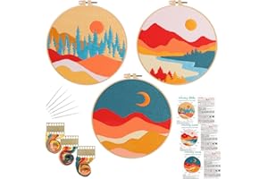 Louise Maelys 3 Set Landscape Embroidery Kits for Beginners with Mountain Sun Moon Pattern,Adults Starter Cross Stitch Kit DIY Needlepoint
