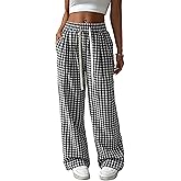 Women's Gingham Plaid Pants Summer Beach High Elastic Waist Wide Leg Palazzo Pants